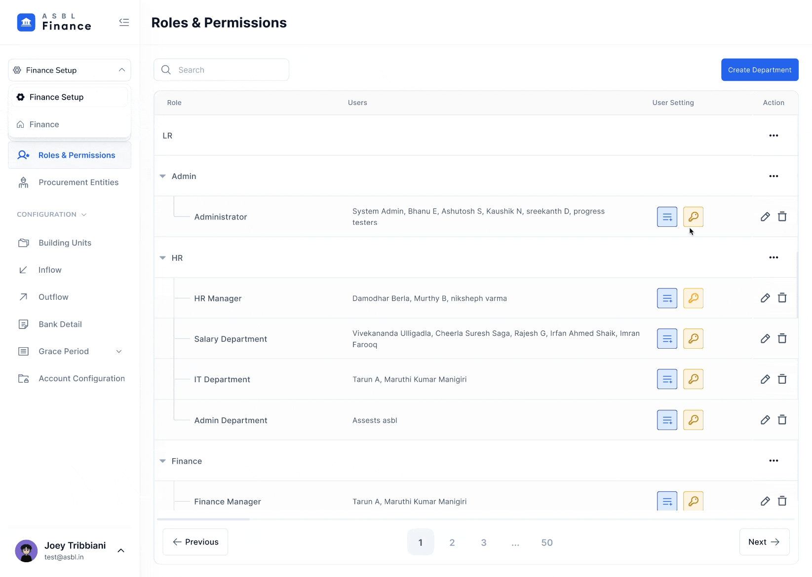 Roles and Permissions screen